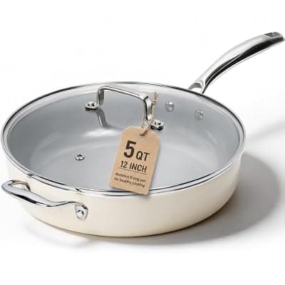 Kikcoin 12 Inch Ceramic Nonstick Frying Pan with Lid, 5 QT Deep Saute Pan for Cooking, Induction Ready Skillet with Stay Cool Handle, PFAS/PTFE/PFOA Free, Oven & Dishwasher Safe