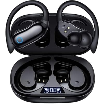 GNMN Active Noise Cancelling Ear Buds Wireless Earbuds 96hrs Playback Bluetooth Headphones Dual Battery Display Stereo Bass Earphones with Earhooks Microphone IPX7 Waterproof for Sports/Runing/Workout