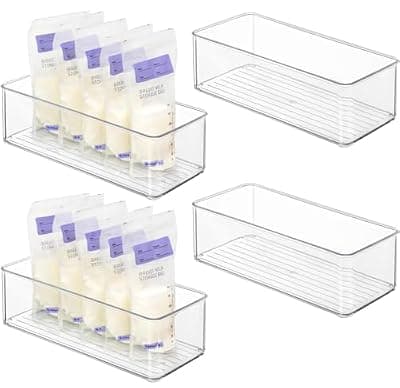 Hudgan 4 Pcs Storage Container Breastmilk for Fridge, Clear Organizer Bins for Milk Bags, Plastic Storage Bins for Freezer,Pantry, Bottles Bathroom, Vanity, Drawer and Yogurts,4.4" Wide