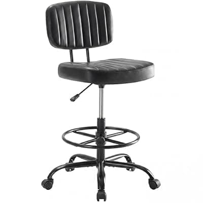 DUMOS Armless Drafting Chair, Low Back Office Seat with Adjustable Footrest Ring for Standing Desk, Ergonomic PU Leather Office Seating, Swivel Rolling High Stool for Studio, Lab, Counter, Black