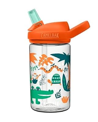 CamelBak Eddy+ Kids Water Bottle with Bite Valve Straw, Leak Resistant Easy Sip Design for Everyday Hydration, 14oz, Orange Jungle Animals