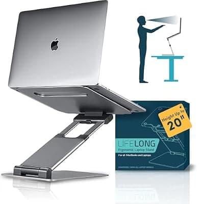 Lifelong Aluminum Adjustable Laptop Stand, Extra Tall 20" Riser, Grey