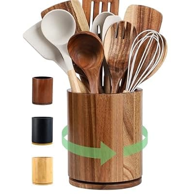 gorsent Wooden Utensil Holder, 360°Rotating 7.3'' Large Utensil Holder for Kitchen Counter, Kitchen Utensil Organizer, Utensil Crock, Farmhouse Kitchens Countertop Decor, Acacia Wood