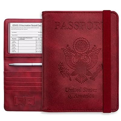 WALNEW Passport Holder Wallet, RFID Blocking Passport Cover Case PU leather Card Holder with Pen and Clear Card Slot for Women Men, Red