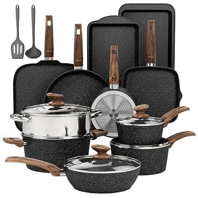 DishDelight Pots and Pans Set Non Stick, 17 Pieces Granite Kitchen Cookware Sets with Nonstick Granite Coating, Induction Cooking Set, Black