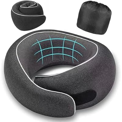 Asteraty Travel Pillow, Memory Foam Neck Pillow with Ergonomic 360° Support, Travel Neck Pillow for Airplanes, Compact Design for Plane, Car & Office Travel Essentials, Max Black